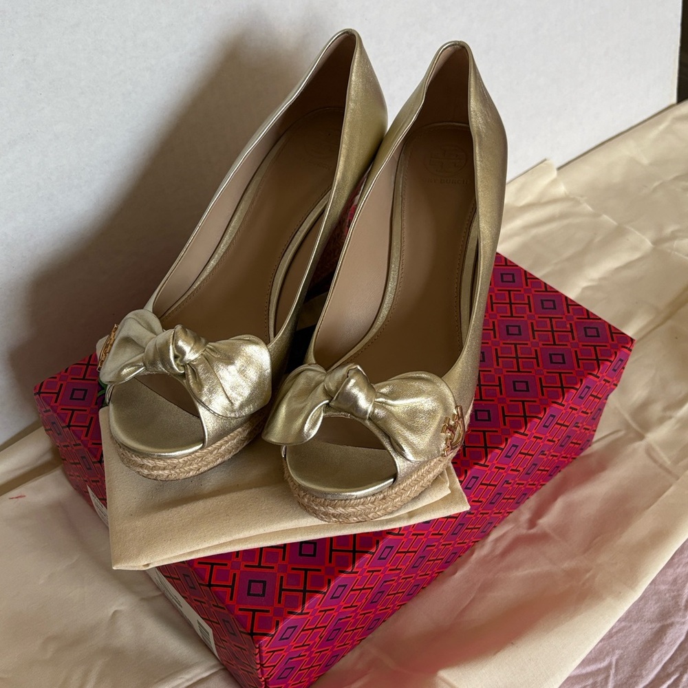 Tory Burch Gold Peep-Toe Wedge Shoes